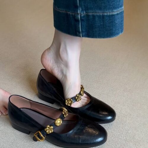 Steporae Mary Jane Flats Black Leather With Gold Metal Floral Decoration