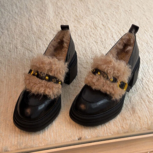 Steporae Retro Preppy Warm Black Loafers Women for Fall/Winter