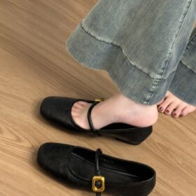 Steporae Black Leather Wide Toe Box Mary Jane Flats With Gold Square Buckle