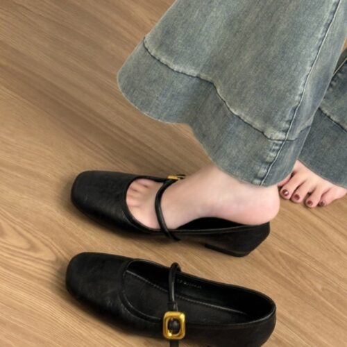 Steporae Black Leather Wide Toe Box Mary Jane Flats With Gold Square Buckle