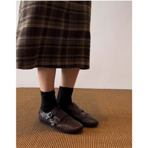 Steporae Vintage Art Brogue Monk Strap Flat Shoes For Women