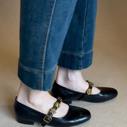 Alternative view of Steporae Mary Jane Flats Black Leather With Gold Metal Floral Decoration