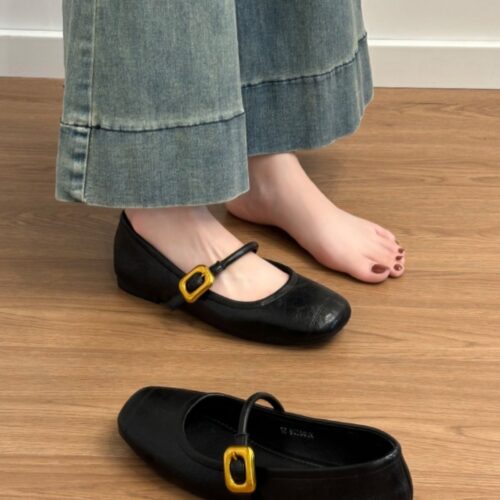 Alternative view of Steporae Black Leather Wide Toe Box Mary Jane Flats With Gold Square Buckle