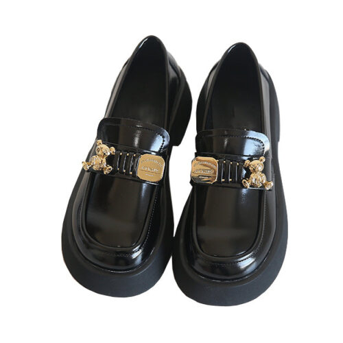Gold-plated Bear Pin Decor Chunky Heels Mary Jane Shoes