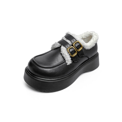 Winter Double Buckle Wide Toe Box Loafers With Fur