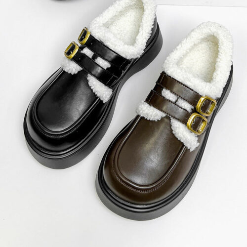 Alternative view of Winter Double Buckle Wide Toe Box Loafers With Fur
