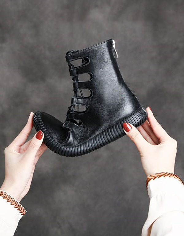 Cut-out Front Lace-up Retro Leather Summer Boots - Image 4