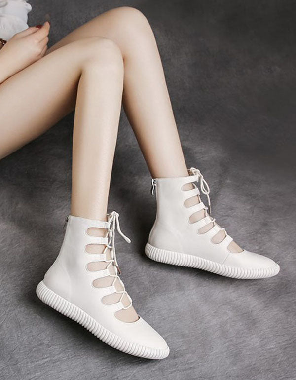 Cut-out Front Lace-up Retro Leather Summer Boots - Image 3