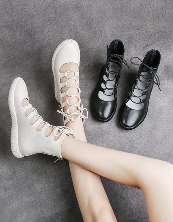 Cut-out Front Lace-up Retro Leather Summer Boots - Image 2