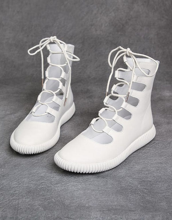 Cut-out Front Lace-up Retro Leather Summer Boots - Image 5