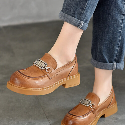 Alternative view of Metal Decor Round Toe Real Leather Loafers