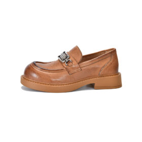 Metal Decor Round Toe Real Leather Loafers