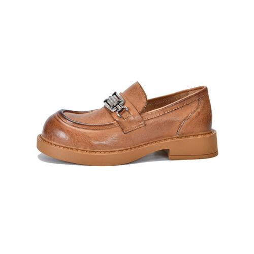 Metal Decor Round Toe Real Leather Loafers