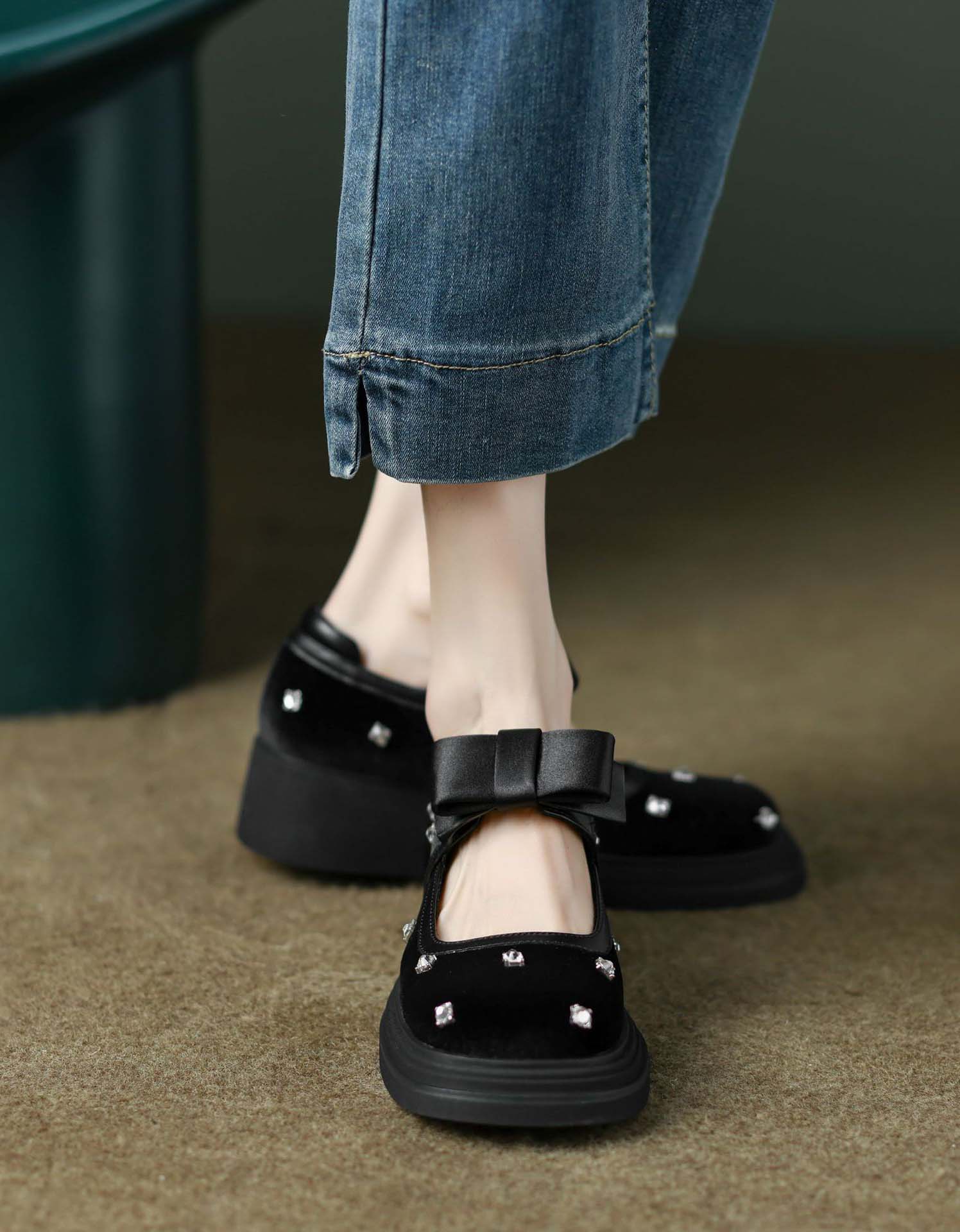 Square Toe Rhinestone Chunky Heel Mary Jane Shoes - Image 2