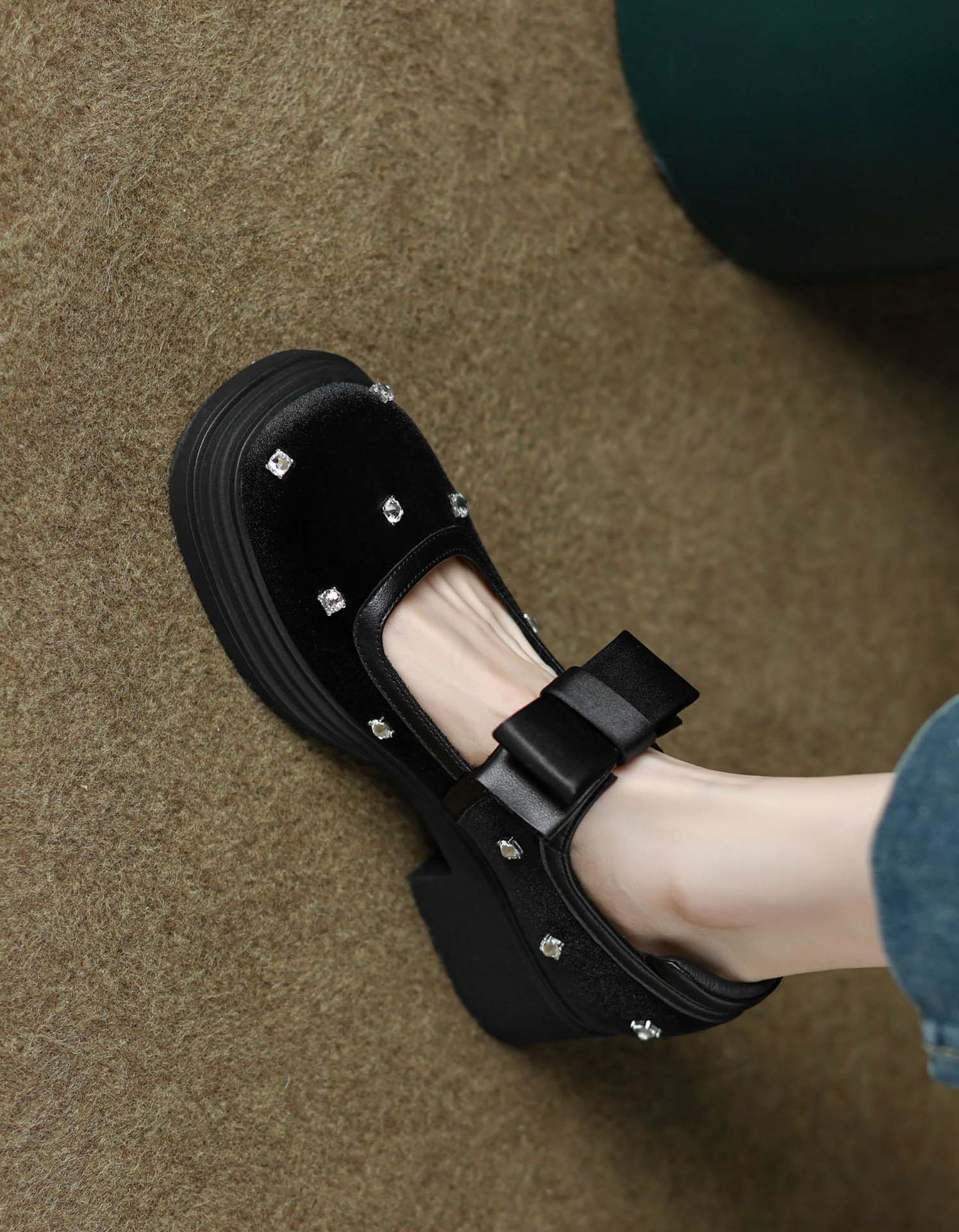 Square Toe Rhinestone Chunky Heel Mary Jane Shoes - Image 4