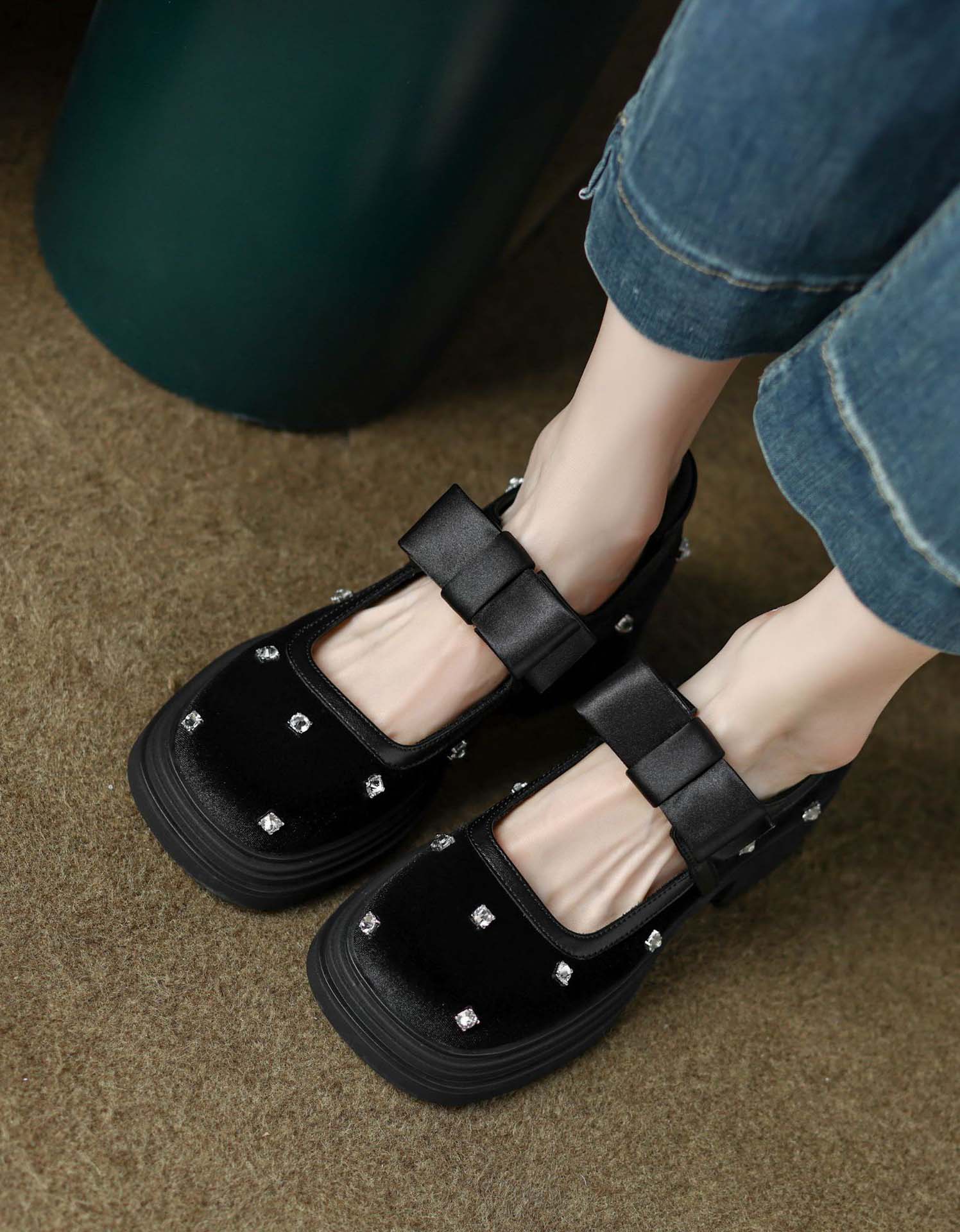 Square Toe Rhinestone Chunky Heel Mary Jane Shoes - Image 3