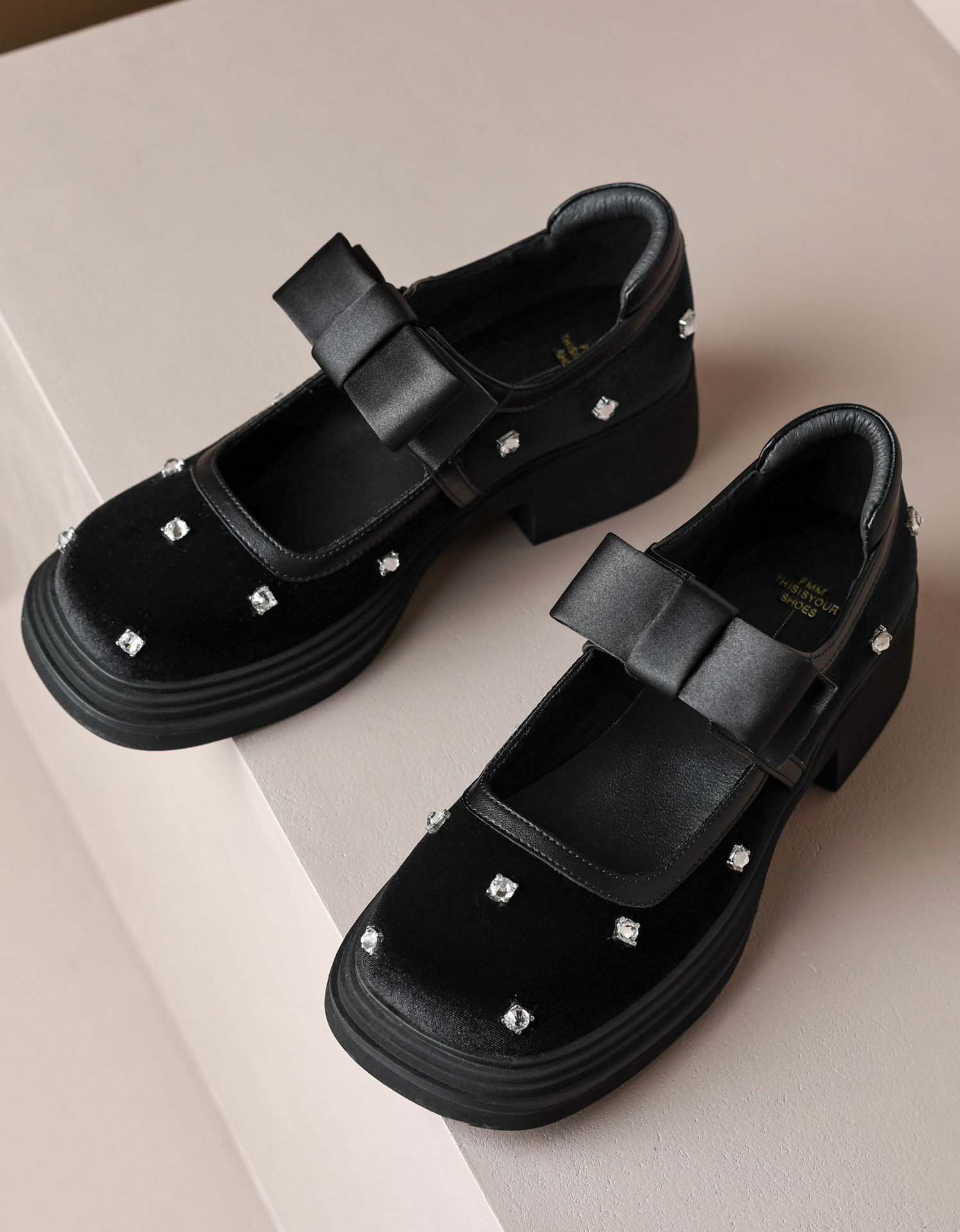 Square Toe Rhinestone Chunky Heel Mary Jane Shoes - Image 5