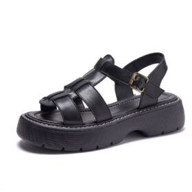 Real Leather Thick Heel Vintage Woven Sandals