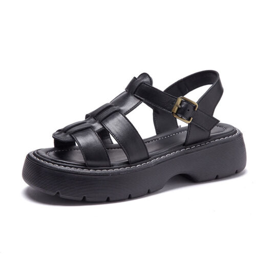 Real Leather Thick Heel Vintage Woven Sandals