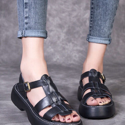 Alternative view of Real Leather Thick Heel Vintage Woven Sandals