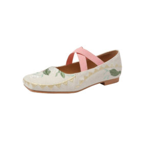 Square Toe Fabric Embroidered Cross Strap Ballet Shoes