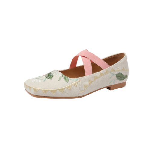 Square Toe Fabric Embroidered Cross Strap Ballet Shoes