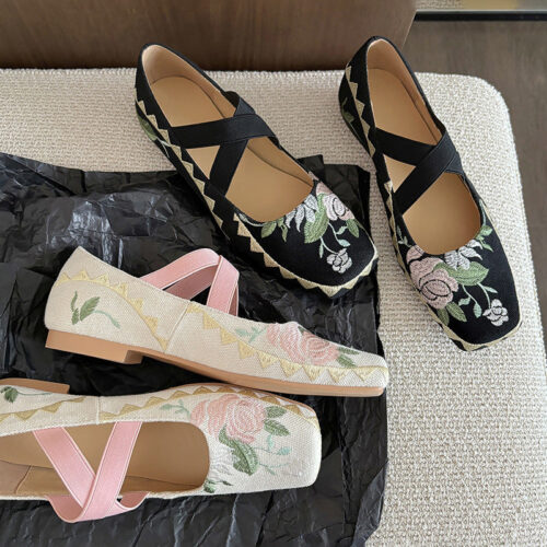Alternative view of Square Toe Fabric Embroidered Cross Strap Ballet Shoes
