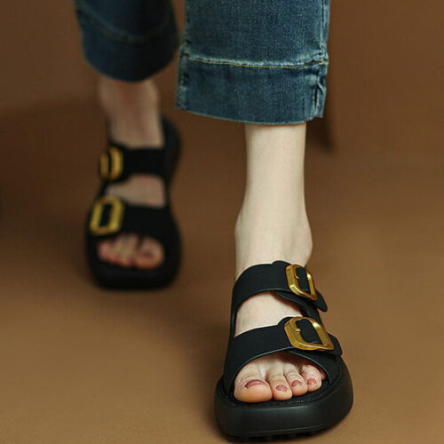 Alternative view of Square Toe Double Buckles Strap Platform Sandals