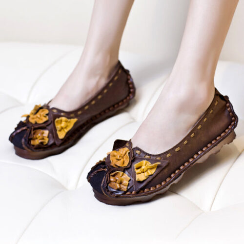 Leather Flowers Comfortable Handmade Retro Flats 35-43