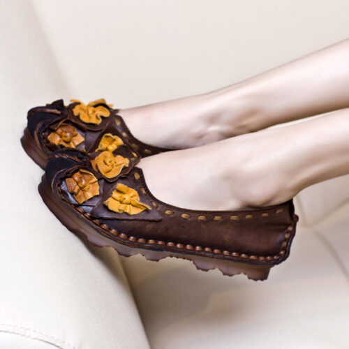 Alternative view of Leather Flowers Comfortable Handmade Retro Flats 35-43